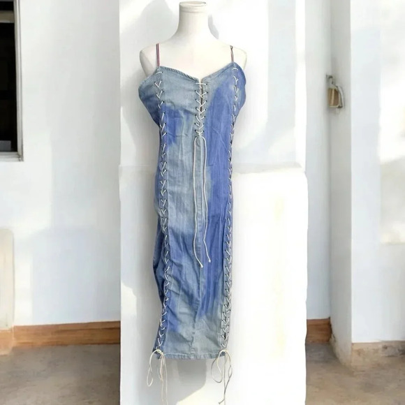 Y2K Denim 90s Lace-Up Dress ombré wash L/XL western coastal  cowgirl - Picture 1 of 8